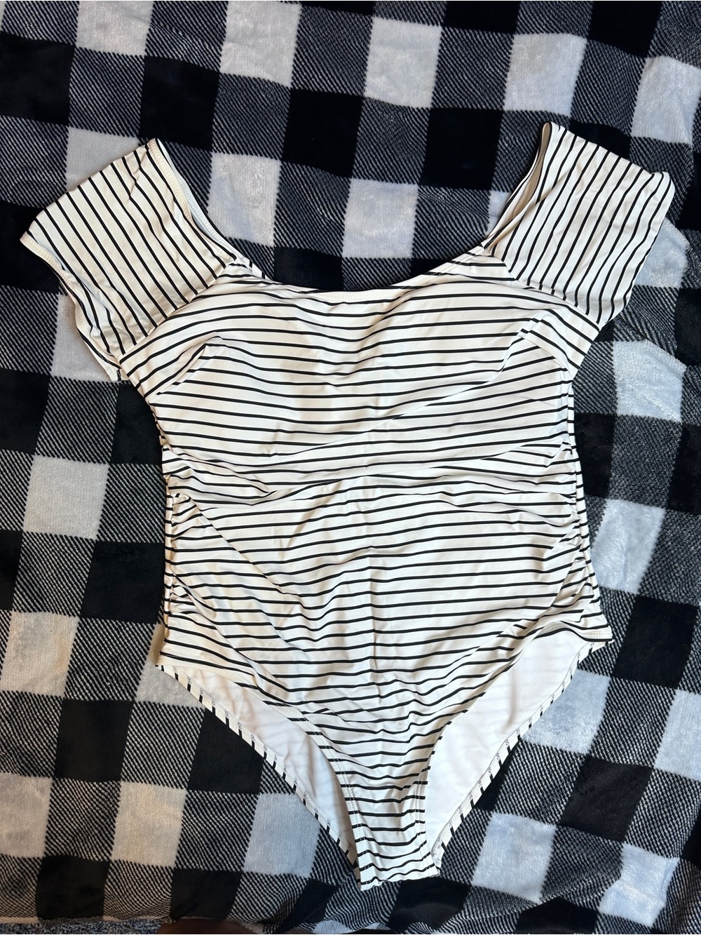 Off-Shoulder Black & White Striped One-Piece Swimsuit